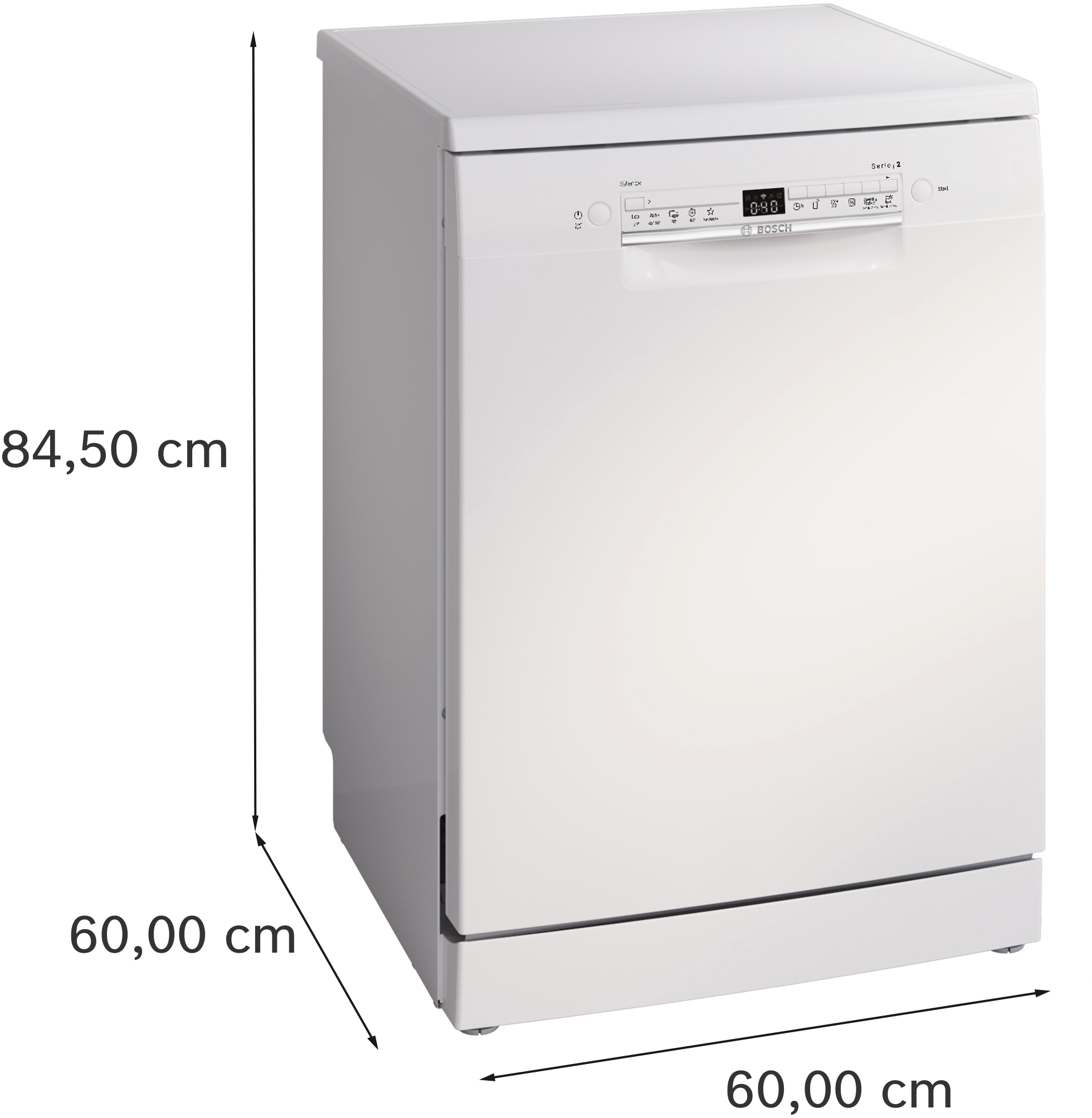 Lavastoviglie bianca con display digitale e comandi. Dimensioni: 84,5x60x60cm.