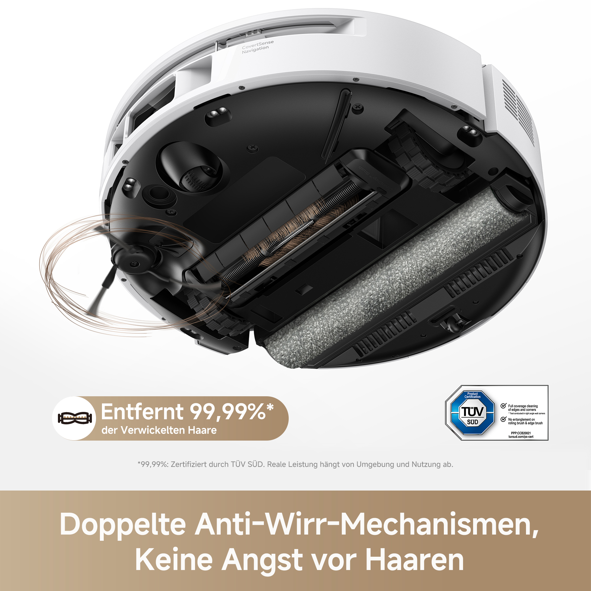 Bodenansicht eines Saugroboters mit Bürsten und Rollen. Produktzertifizierung.