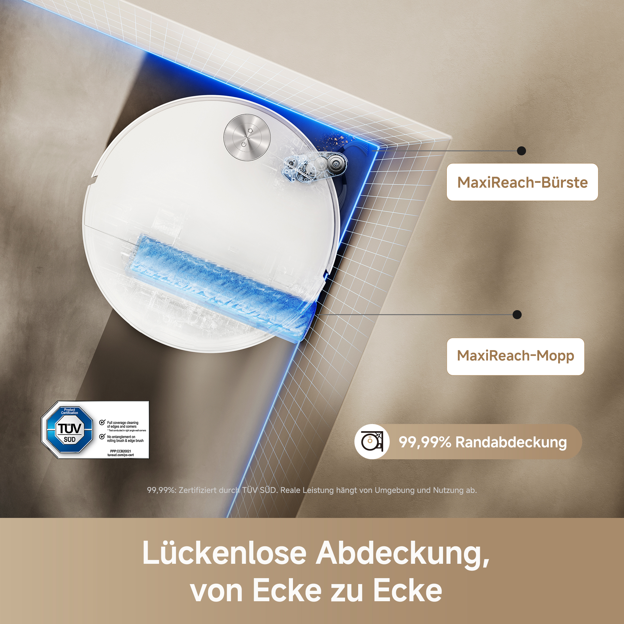 Ein weißer Saugroboter reinigt eine Ecke mit MaxiReach-Bürste und -Mopp.