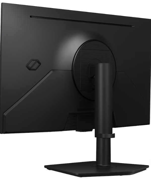 Rückseite eines schwarzen Monitors mit Ständer und Logo.