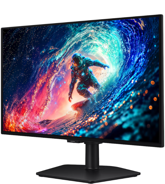 Ein Astronaut reitet auf einer kosmischen Welle, dargestellt auf einem Monitor.