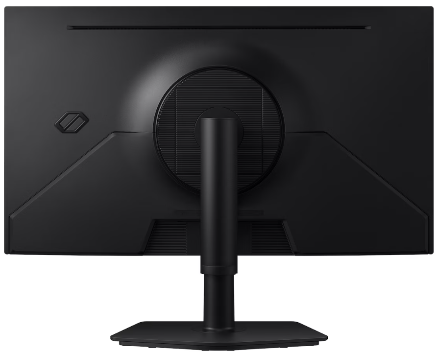 Rückseite eines schwarzen Monitors mit rundem Anschluss und Ständer.