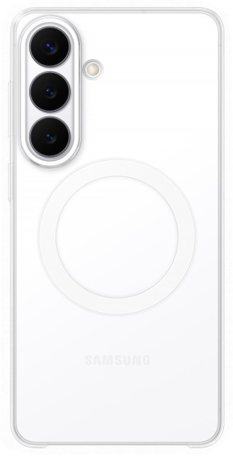 Átlátszó telefontok Samsung telefonhoz, három függőleges kamera kivágással, vaku kivágással és mágneses gyűrűvel.