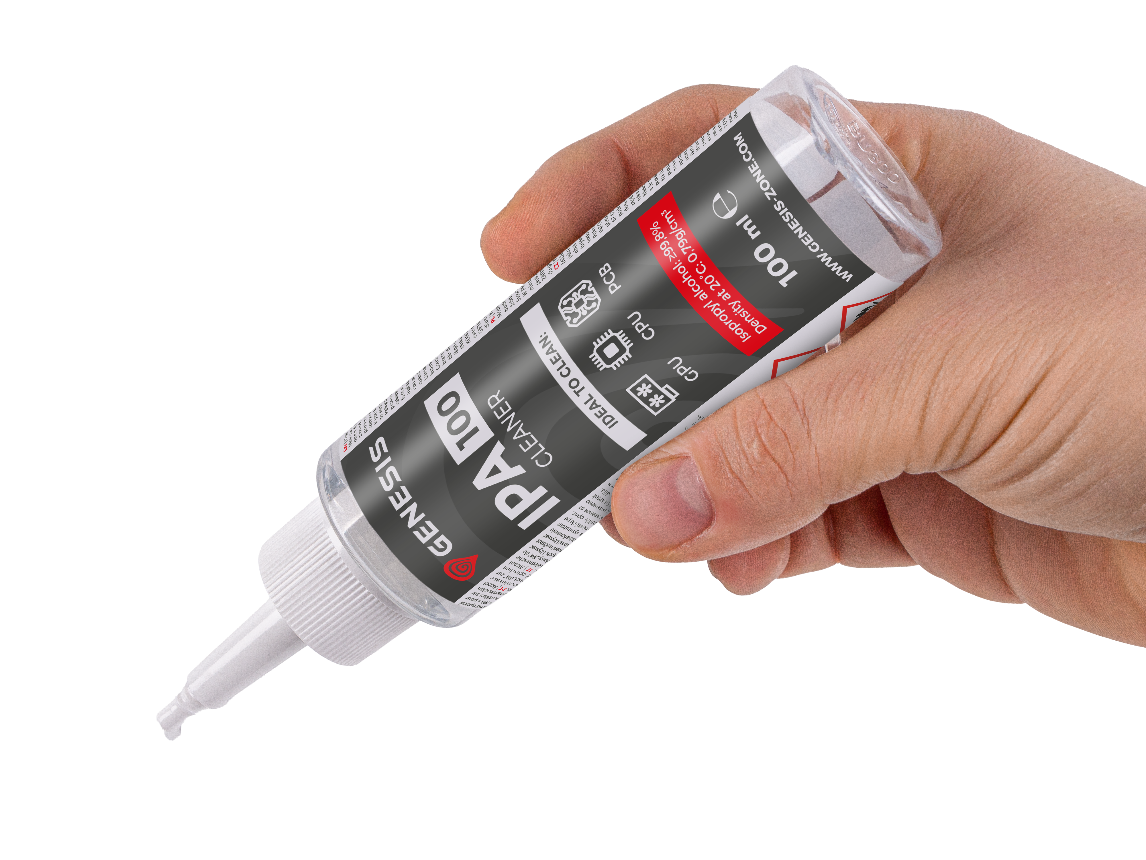 Dłoń trzyma butelkę płynu IPA 100 z białym korkiem.