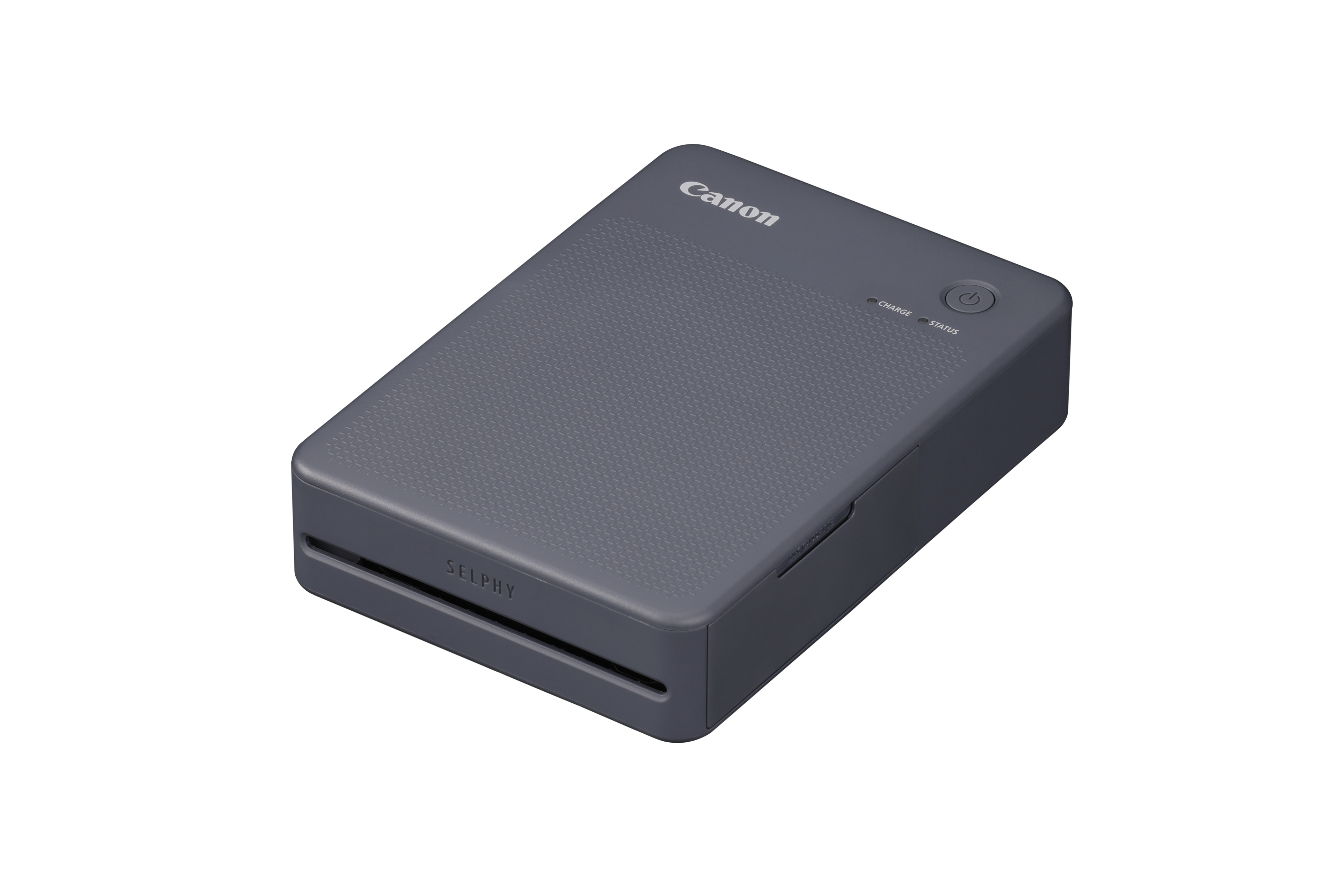 Szara drukarka Canon Selphy z przyciskiem zasilania i wskaźnikiem.