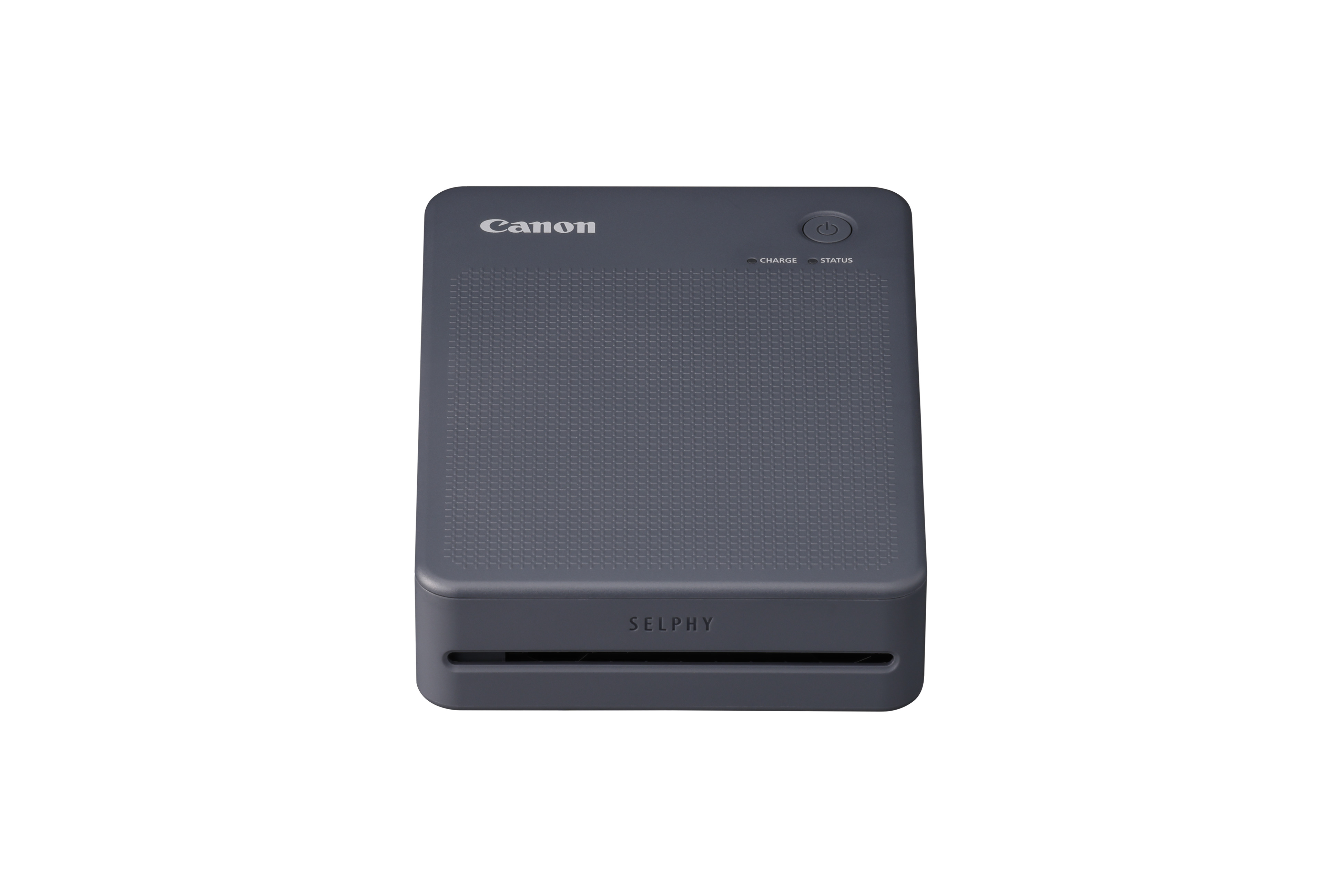 Szara drukarka Canon Selphy z przyciskiem zasilania i wskaźnikami ładowania/stanu.