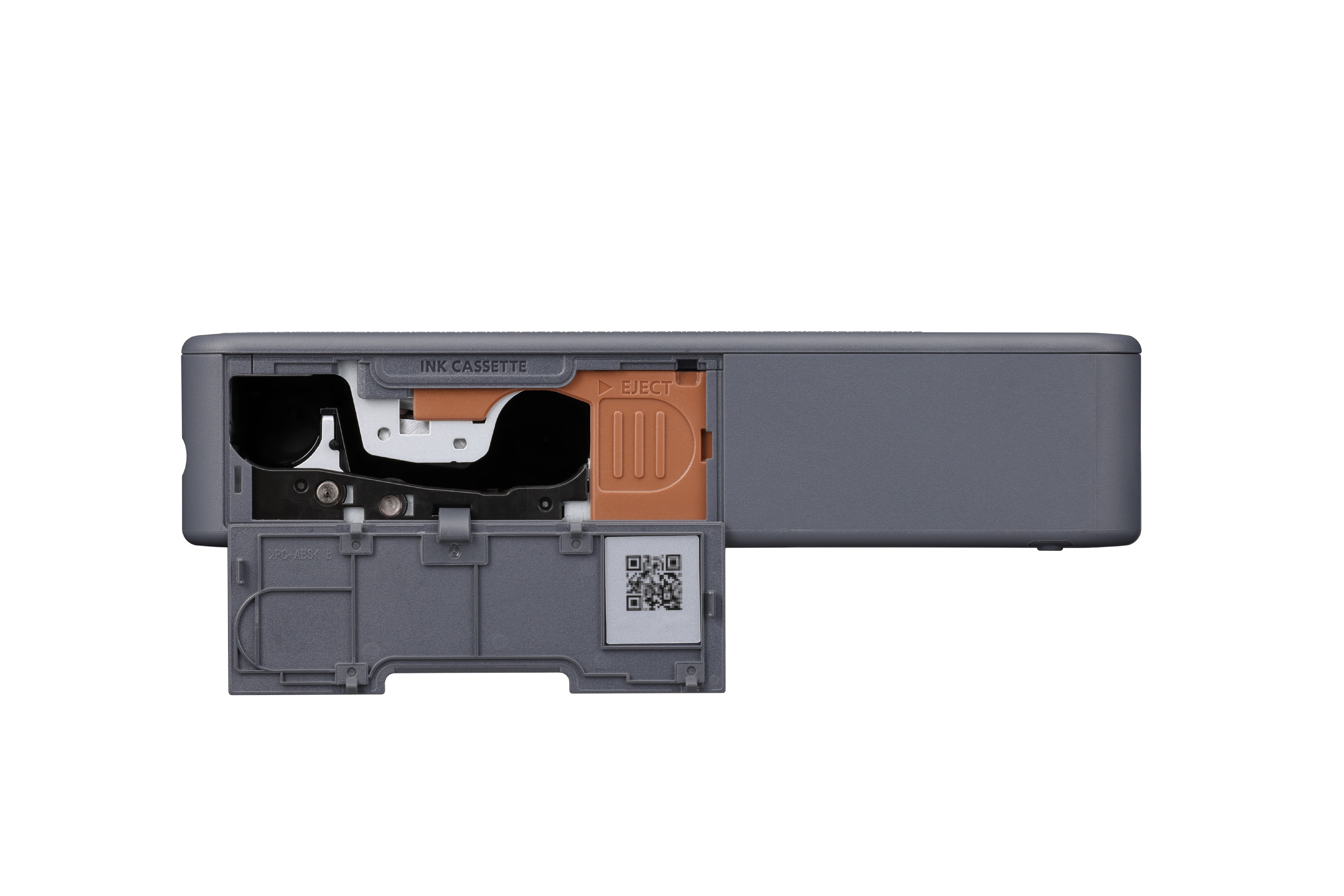 Drukarka z otwartą komorą, kasetą z tuszem i kodem QR.