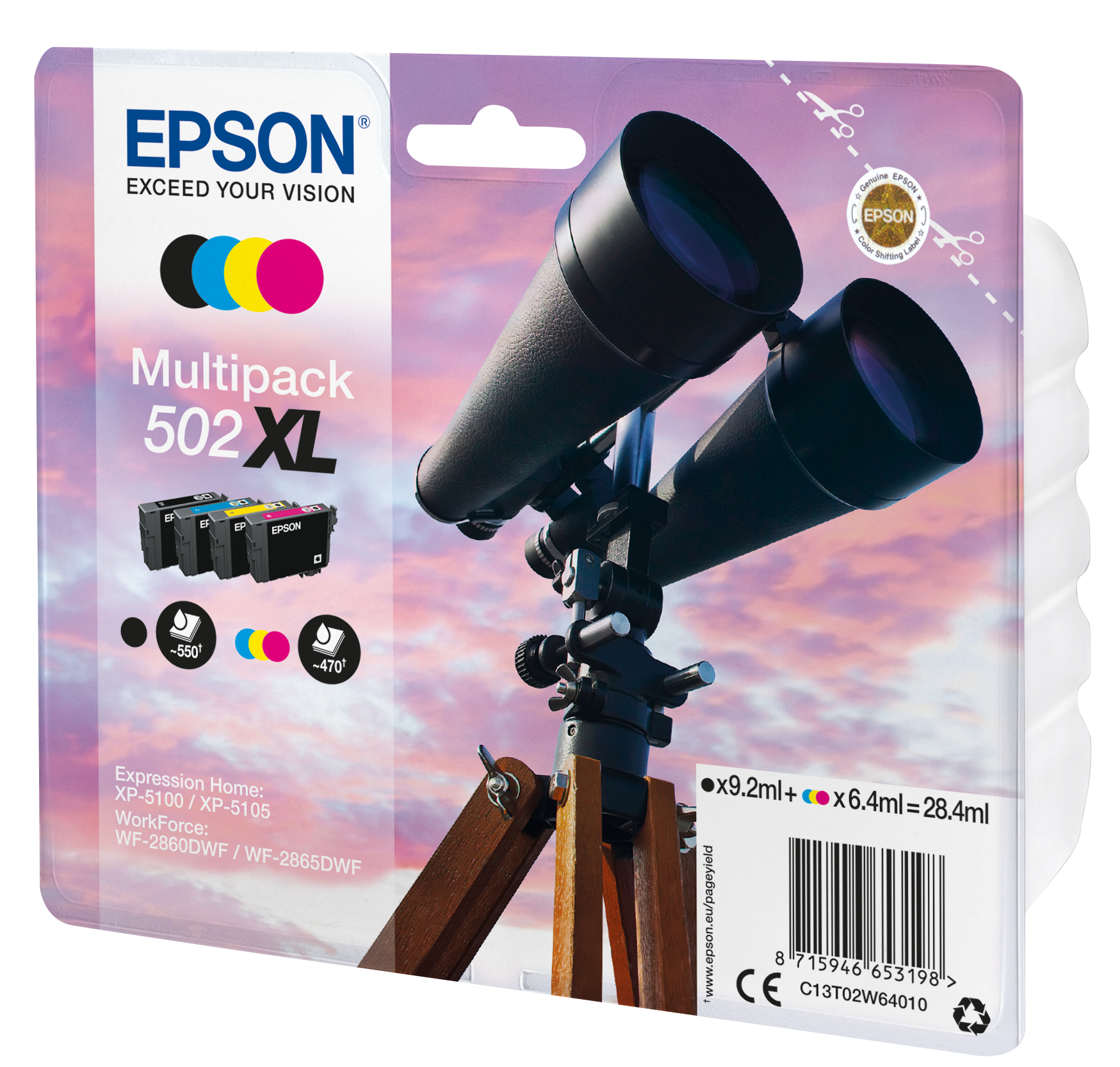 Multipack tuszu Epson 502XL z teleskopem w tle.