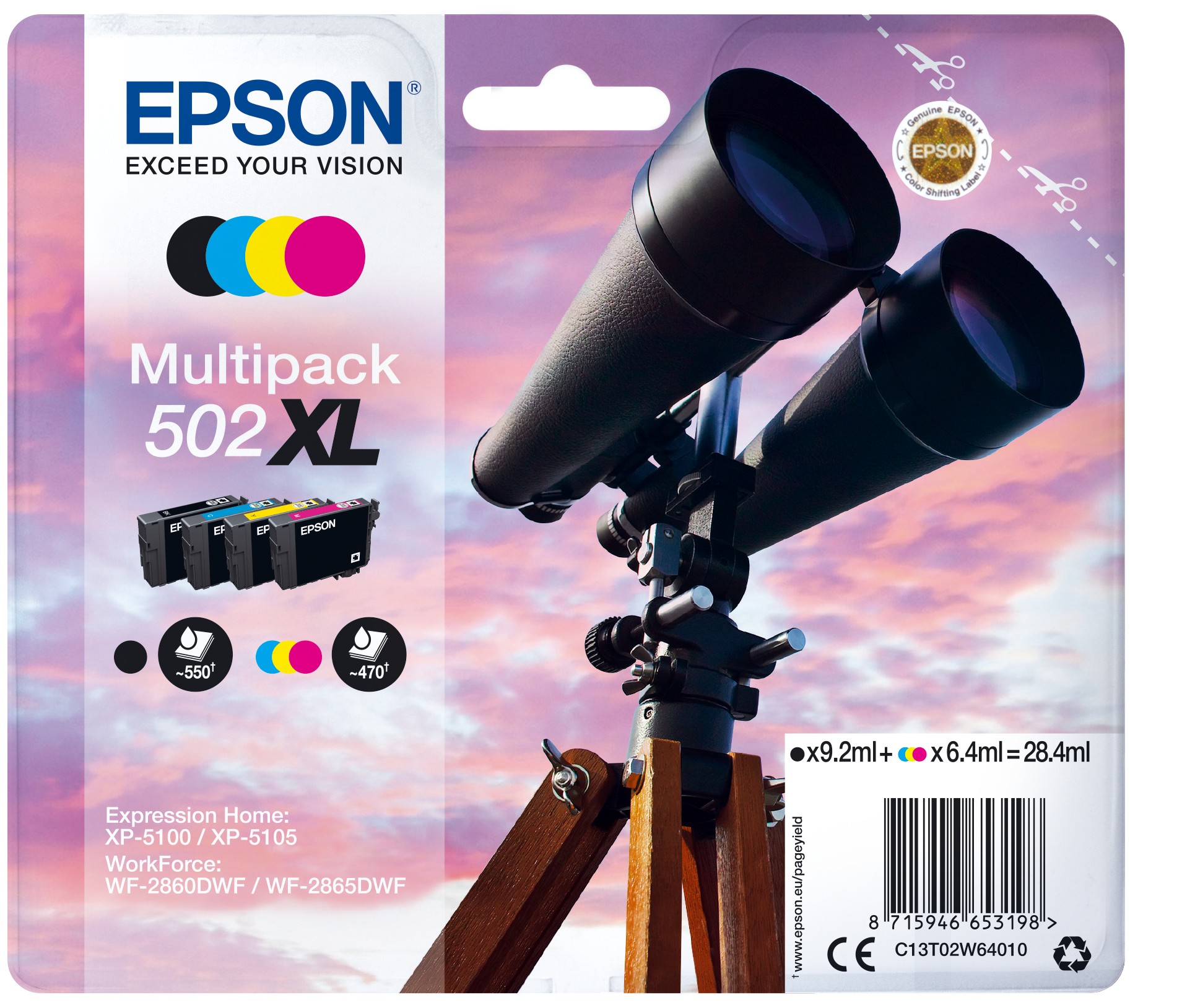 Wielopak tuszy Epson 502XL z teleskopem w tle.