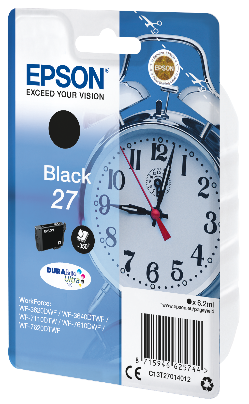 Tusz Epson Black 27 z motywem budzika i listą kompatybilności.