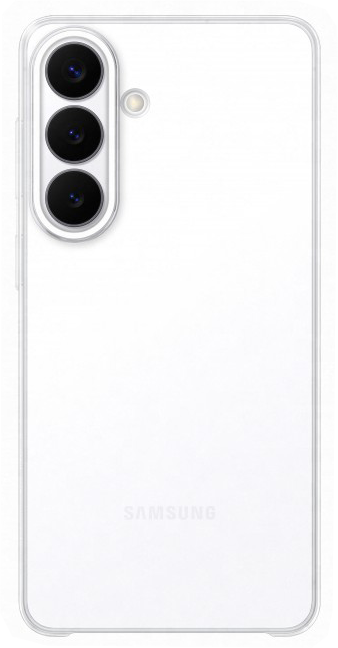 Egy fehér Samsung okostelefon hátulja, három kamerával és vakuval.