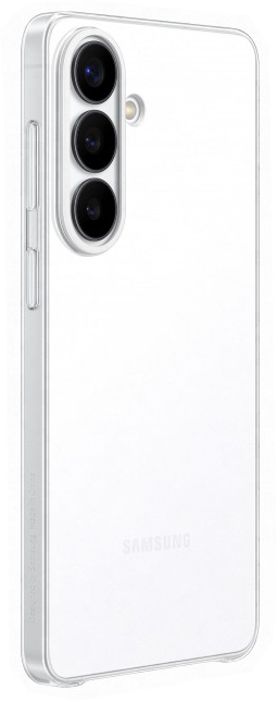 Átlátszó telefontok három kamerával és Samsung logóval fehér háttéren.