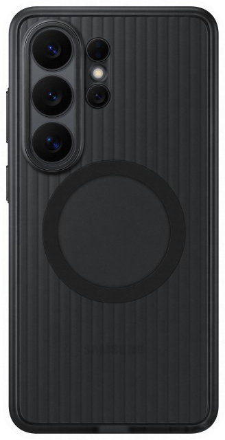 Fekete telefon függőleges bordákkal és kerek mágneses lappal.