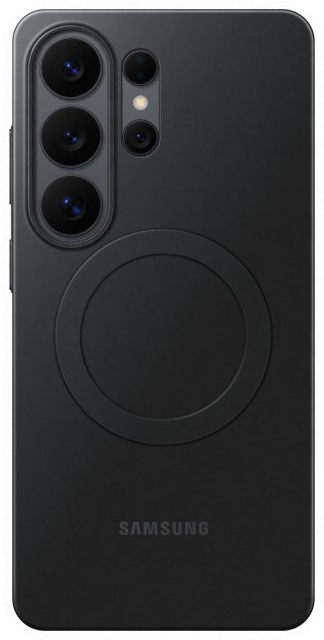 Fekete Samsung telefon négy kamerával és kör alakú töltőfelülettel a hátoldalon.
