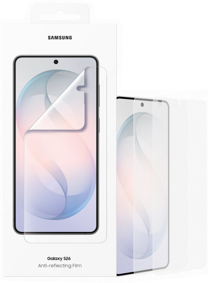 Samsung Galaxy S26 tükröződésgátló fólia felhelyezve telefonra.