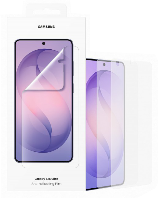Samsung Galaxy S26 Ultra kijelzővédő fólia csomagoláson, okostelefonnal.