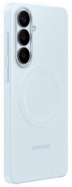 Világoskék Samsung telefon három kamerával és töltő körrel.