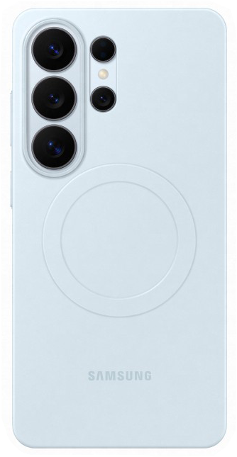 Világoskék Samsung telefon négy kamerával, vakuval és töltőkörrel.