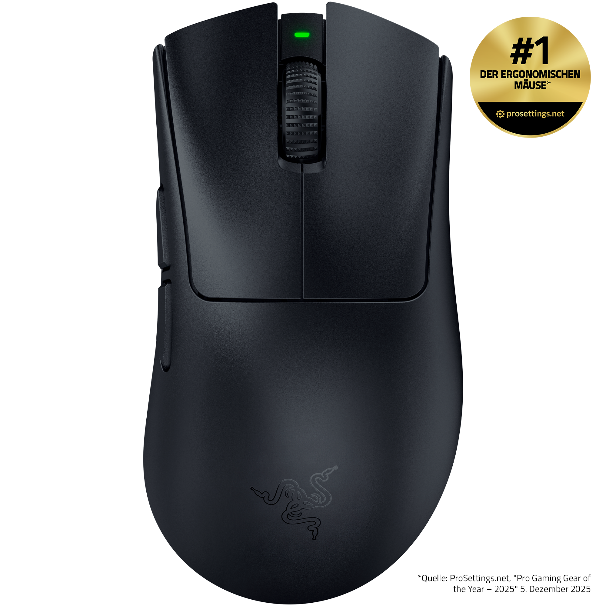 Eine schwarze Razer Gaming-Maus mit einem Scrollrad und einer grünen LED, mit einem goldenen Abzeichen für ergonomische Mäuse.