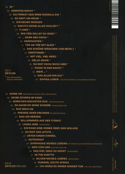 Eine schwarze CD-Titelliste für 'Zeitlos' und 'Zeitlos Deluxe' mit goldenem Text, zwei Discs und Songtiteln.