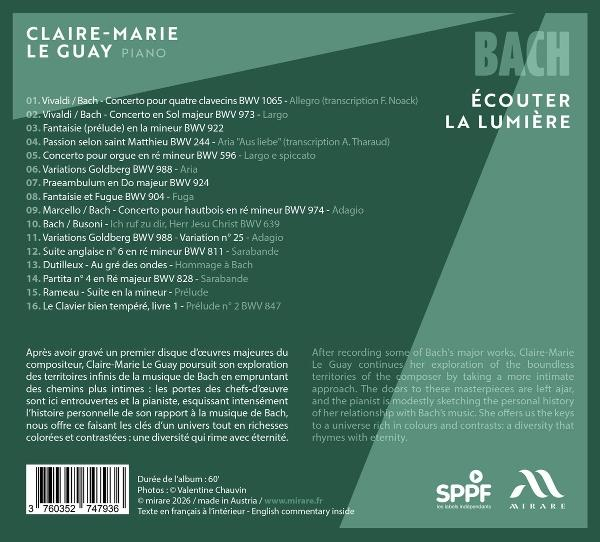 Albumcover für Claire-Marie Le Guays Bach-Album mit Tracklist, Credits und grünem geometrischem Design.