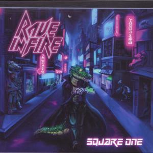 Eine neonbeleuchtete futuristische Straßenszene mit einer Krokodilkopf-Figur in einem Trenchcoat und den Worten „RAVE IN FIRE“ und „SQUARE ONE“.