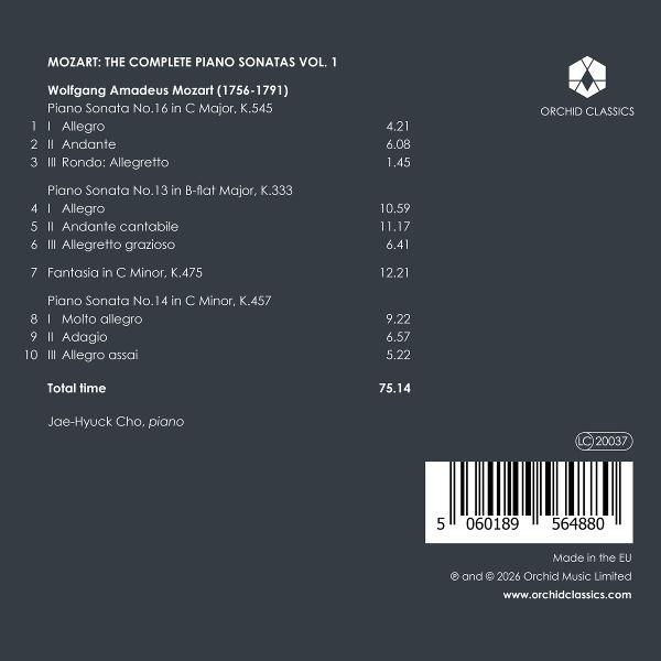 Albumcover für Mozart: Die kompletten Klaviersonaten Band 1, gespielt von Jae-Hyuck Cho, mit Titelliste und Barcode.