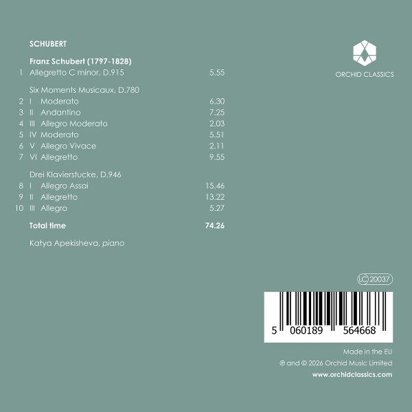 Eine CD-Titelliste für Franz Schuberts Klavierwerke, aufgeführt von Katya Apekisheva, auf grünem Hintergrund.