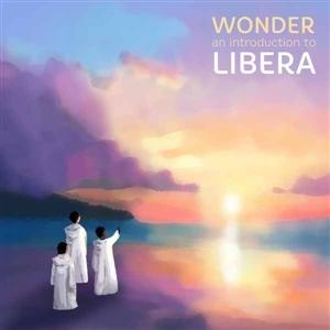 Drei Gestalten in weißen Gewändern stehen am Wasser und blicken auf einen lebhaften Sonnenuntergang mit dem Titel „WONDER an introduction to LIBERA“.