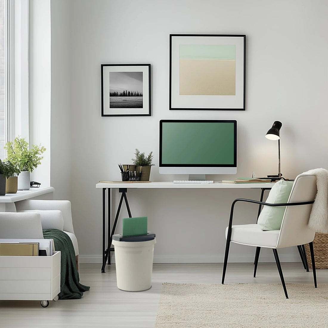 Ein helles Büro mit einem Schreibtisch, Computermonitor, Lampe und Stuhl.