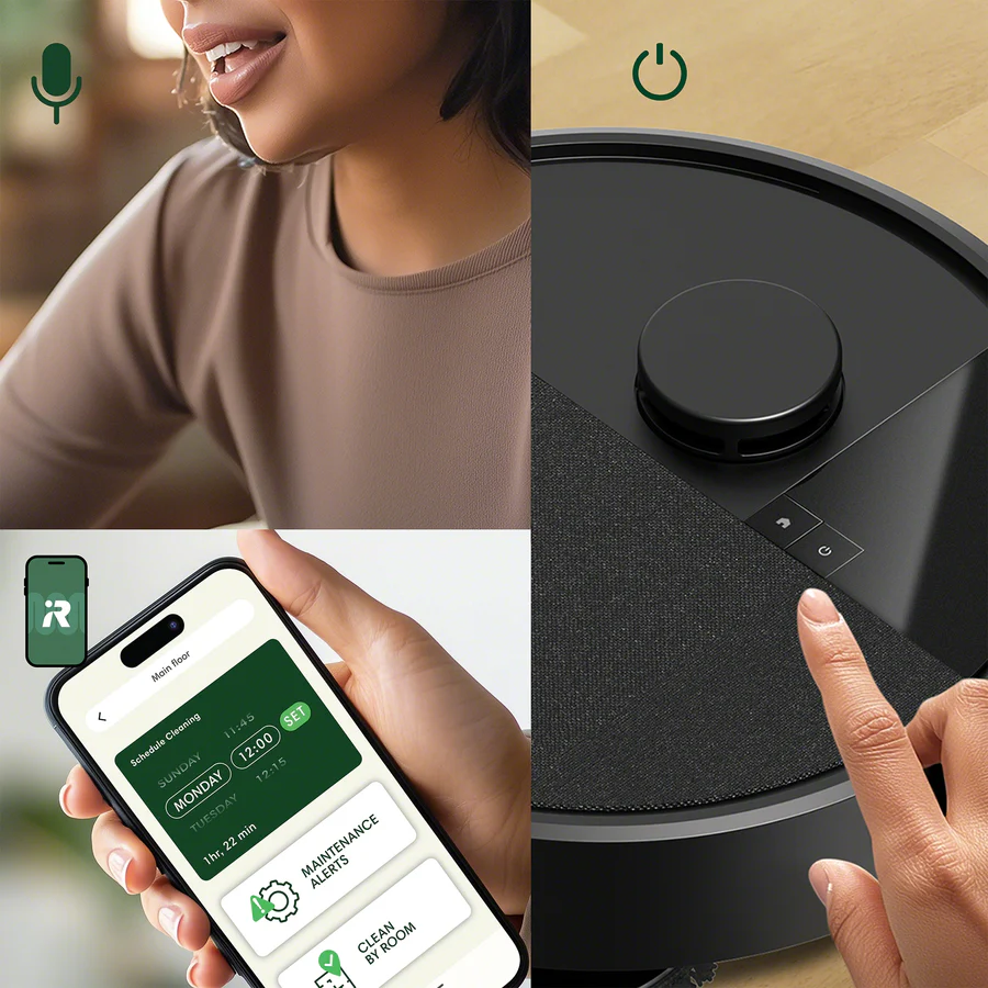 Eine Collage, die eine sprechende Person, einen Saugroboter und eine Hand zeigt, die ein Smartphone mit einer Reinigungs-App hält.