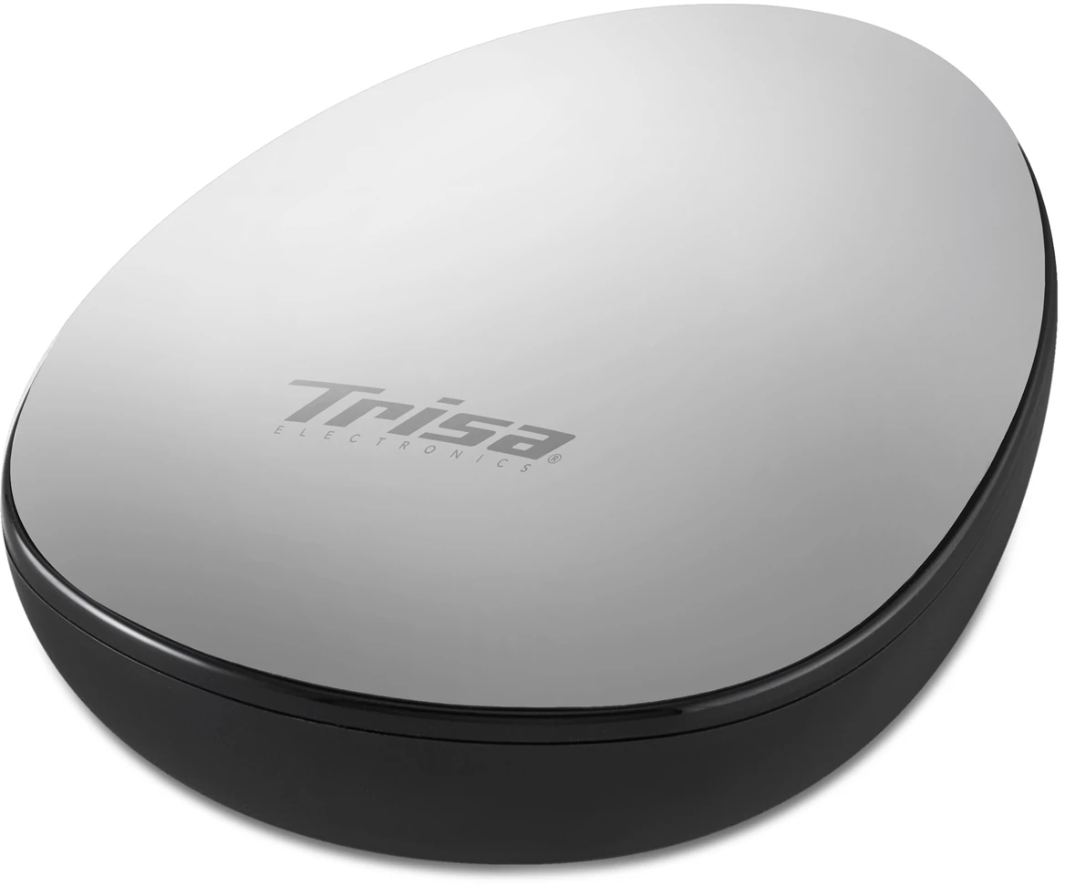 Ein ovales, silber-schwarzes Elektronikgerät mit „Trisa Electronics“-Logo oben, schräg auf weißem Hintergrund.