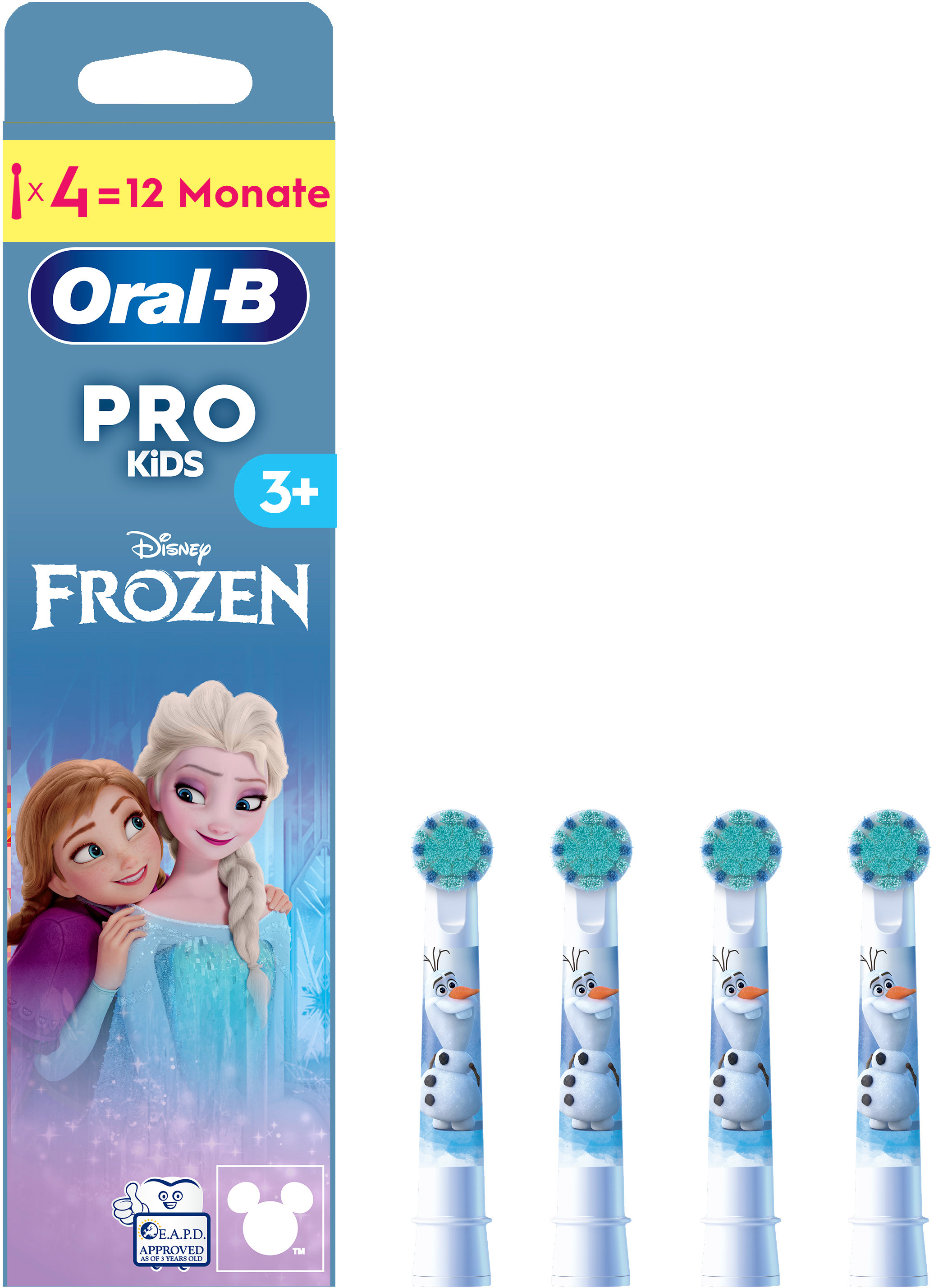 Oral-B Kids Frozen Zahnbürsten-Nachfüllpackung mit Elsa und Anna auf der Verpackung und Olaf auf vier Bürstenköpfen.
