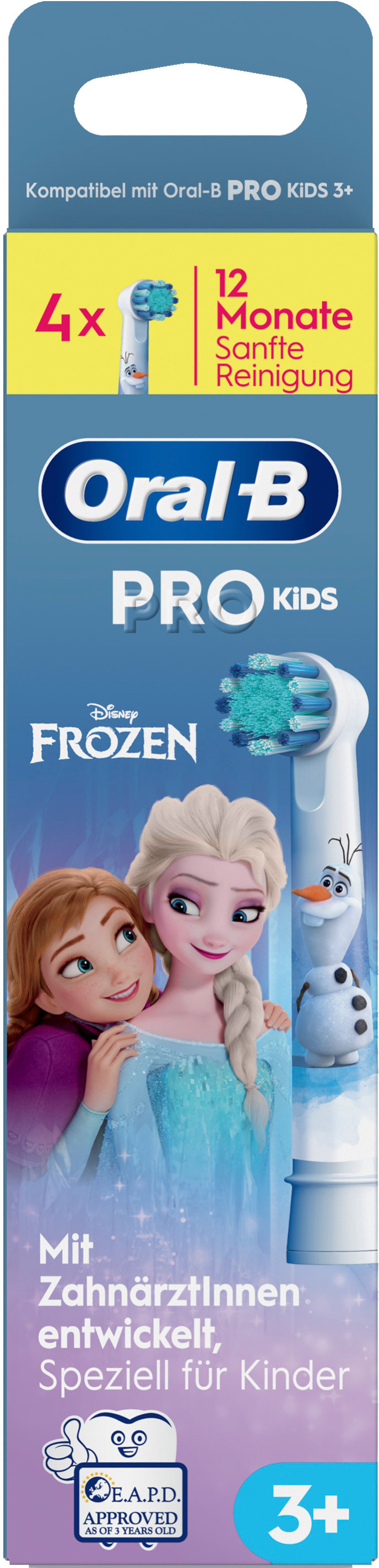 Verpackung für Oral-B Pro Kids elektrische Zahnbürstenköpfe mit Disney Frozen-Charakteren Elsa, Anna und Olaf, in Blau und Gelb.