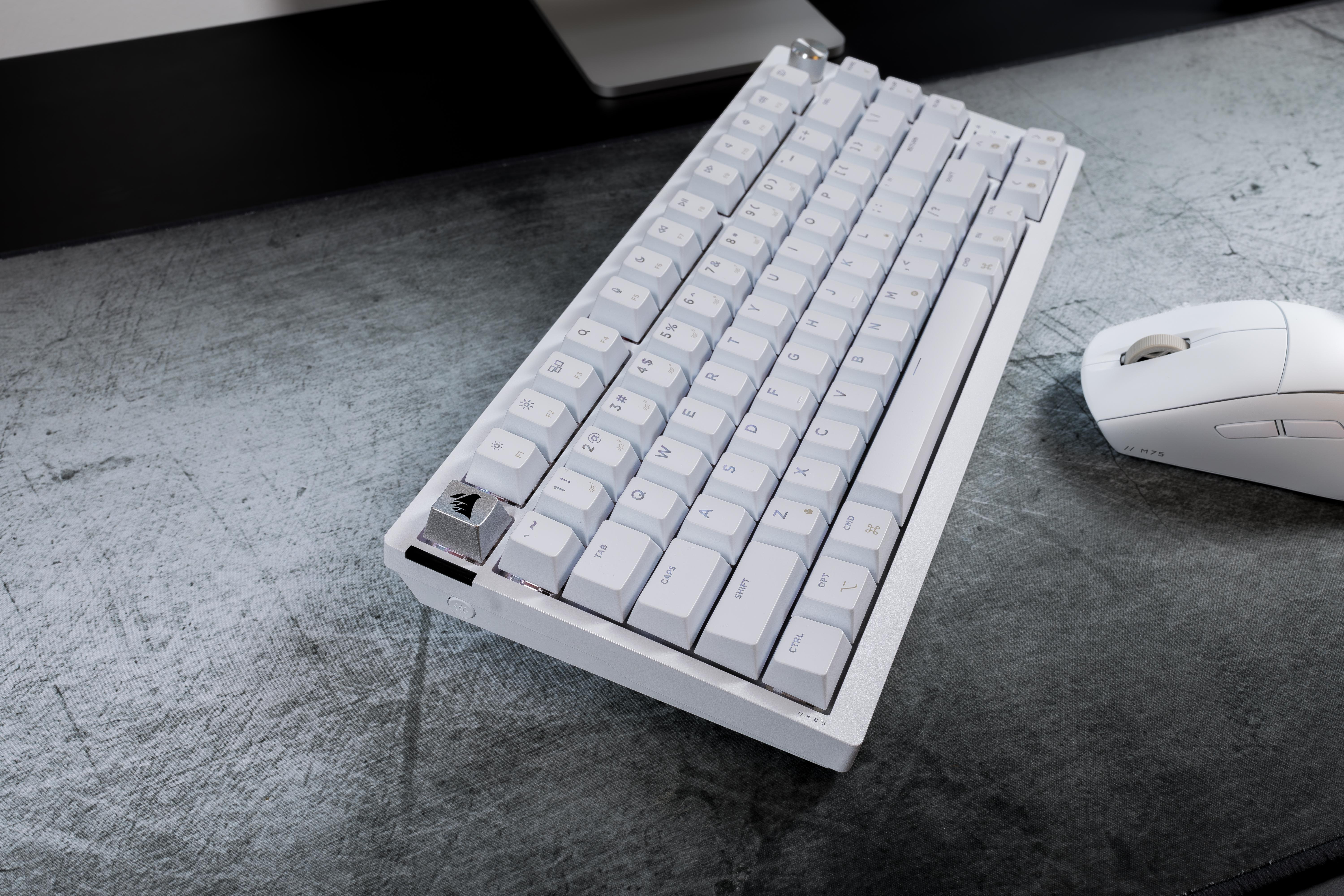 Eine weiße mechanische Tastatur und eine weiße Maus mit Scrollrad liegen auf einer grauen strukturierten Oberfläche.