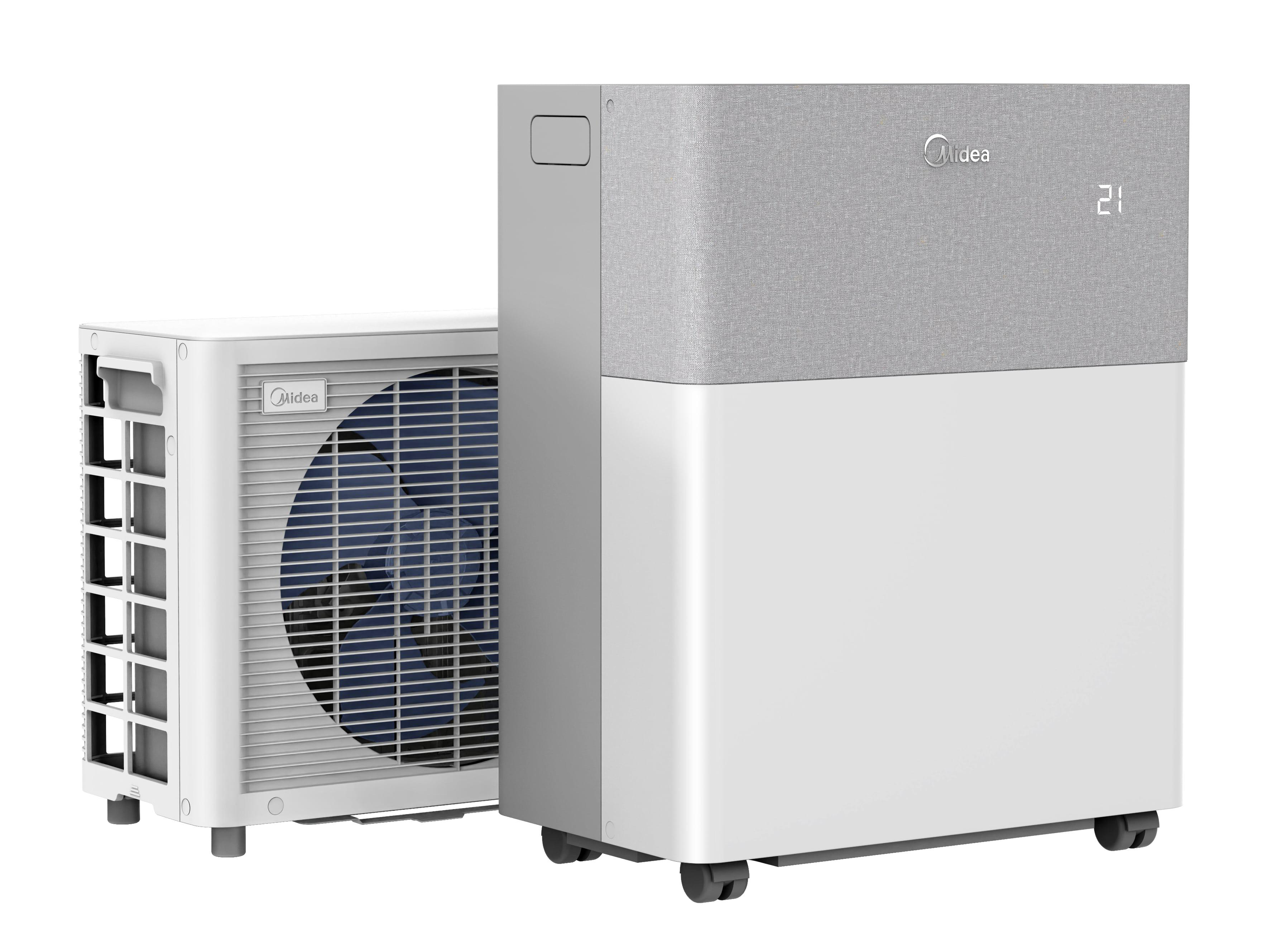 Zwei weiße und graue Klimaanlagen, eine mit sichtbarem Ventilator, stehen vor einem weißen Hintergrund.
