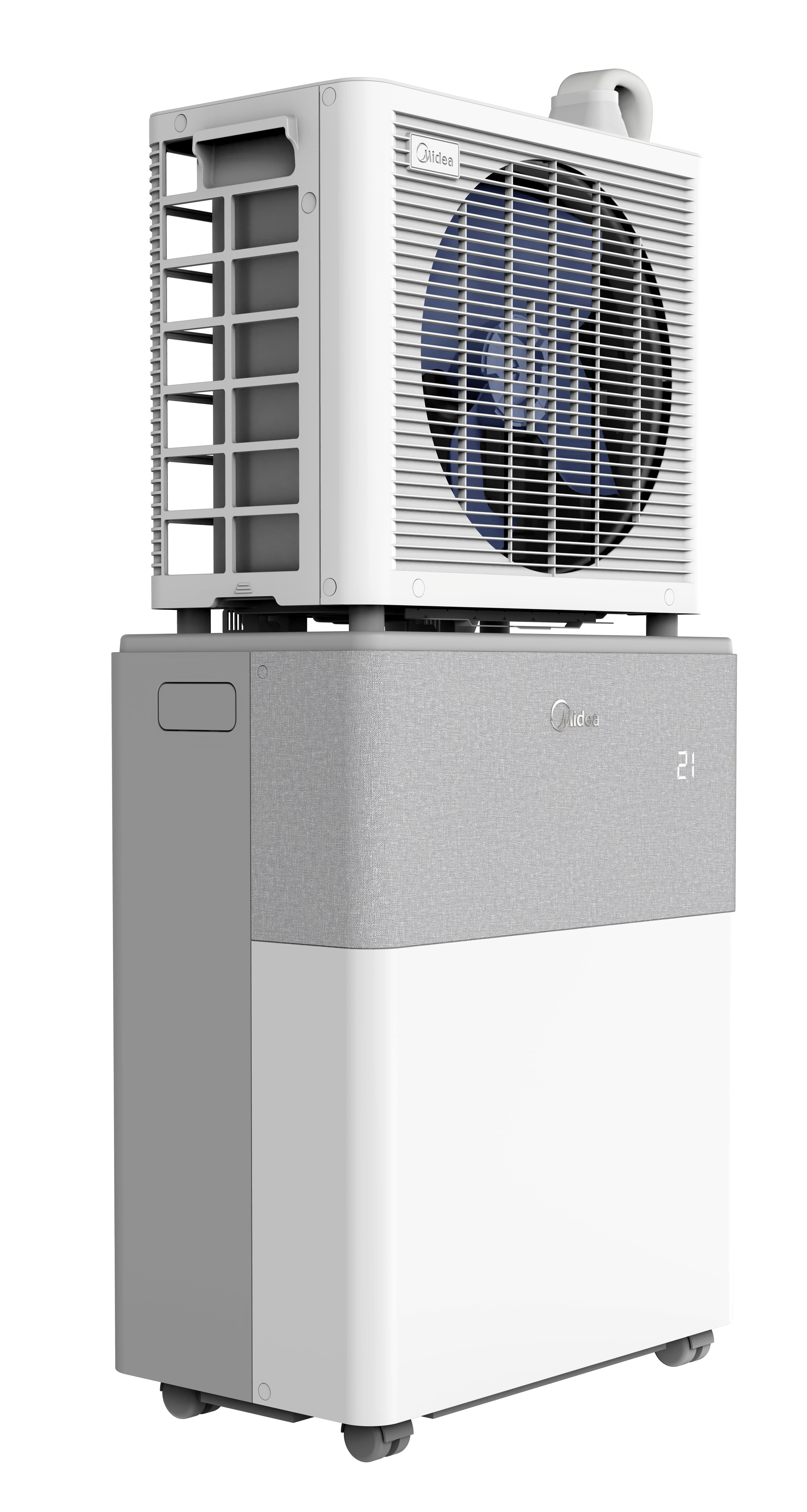Eine weiße und graue Midea tragbare Klimaanlage mit sichtbarem blauem Ventilator steht auf weißem Hintergrund.