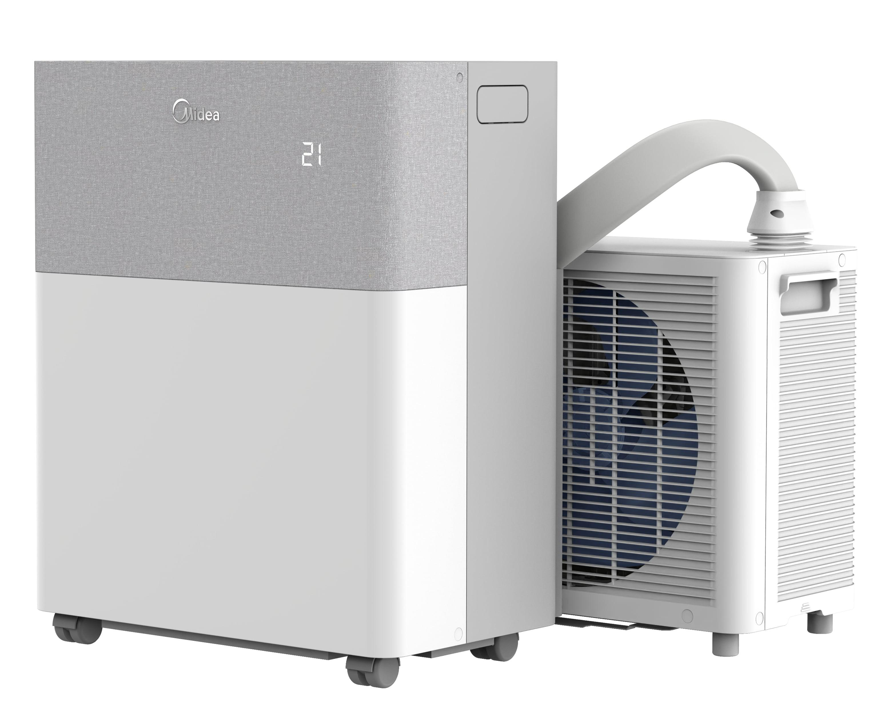Eine weiße und graue Midea tragbare Klimaanlage mit einer Digitalanzeige, die „21“ anzeigt, und einer externen Einheit.