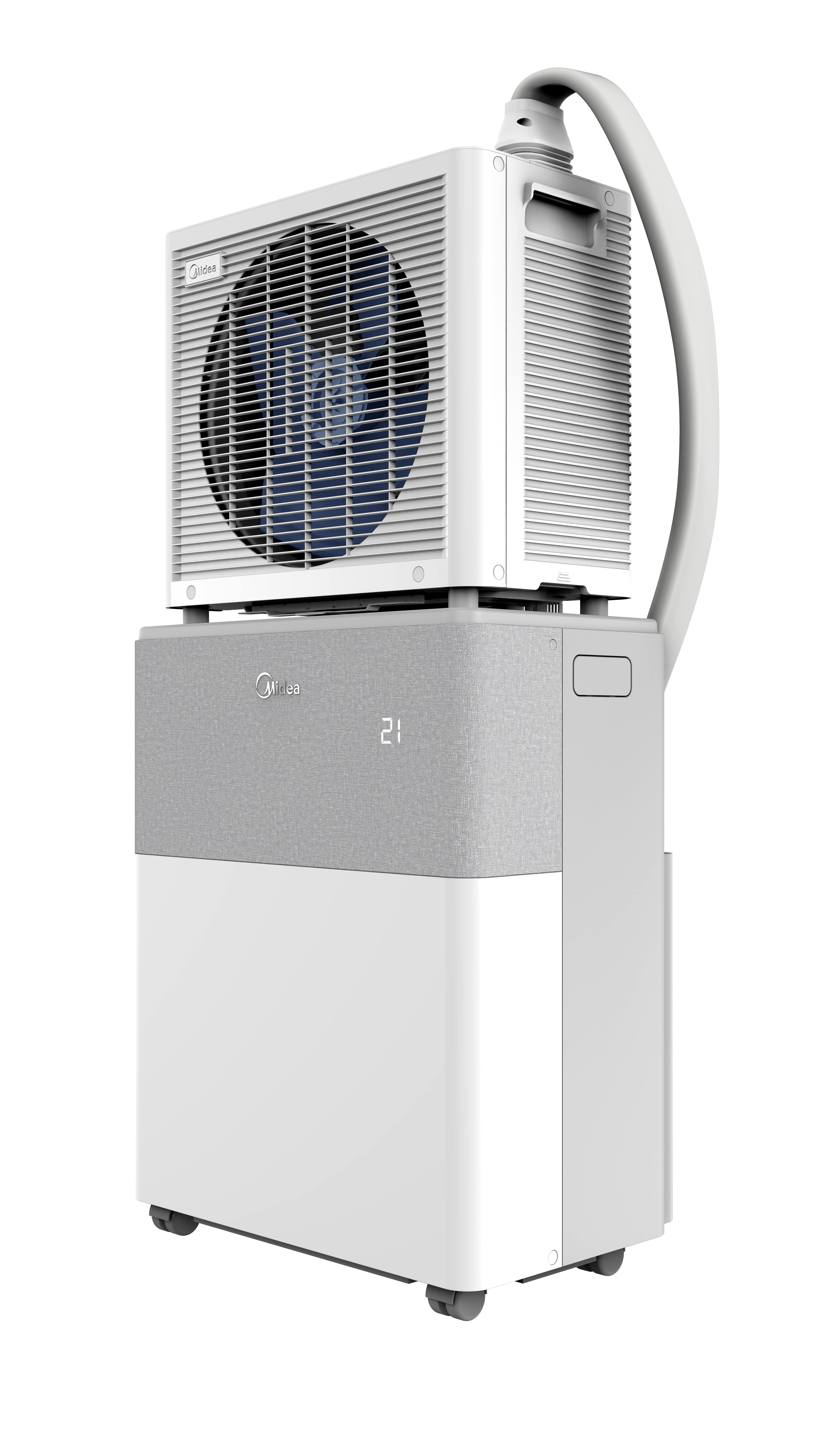 Eine weiß-graue Midea-Klimaanlage, mit sichtbarem Ventilator und einem Bildschirm, der "21" anzeigt, steht aufrecht vor weißem Hintergrund.
