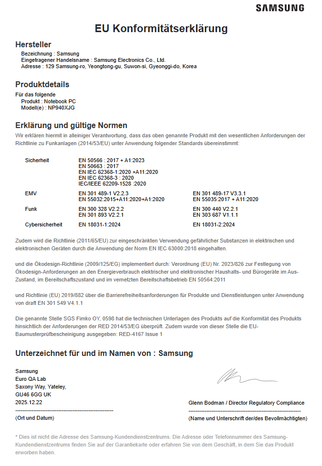 Ein weißes Dokument mit dem Titel „EU Konformitätserklärung“ von Samsung, das Produktspezifikationen und Konformitätsstandards detailliert.