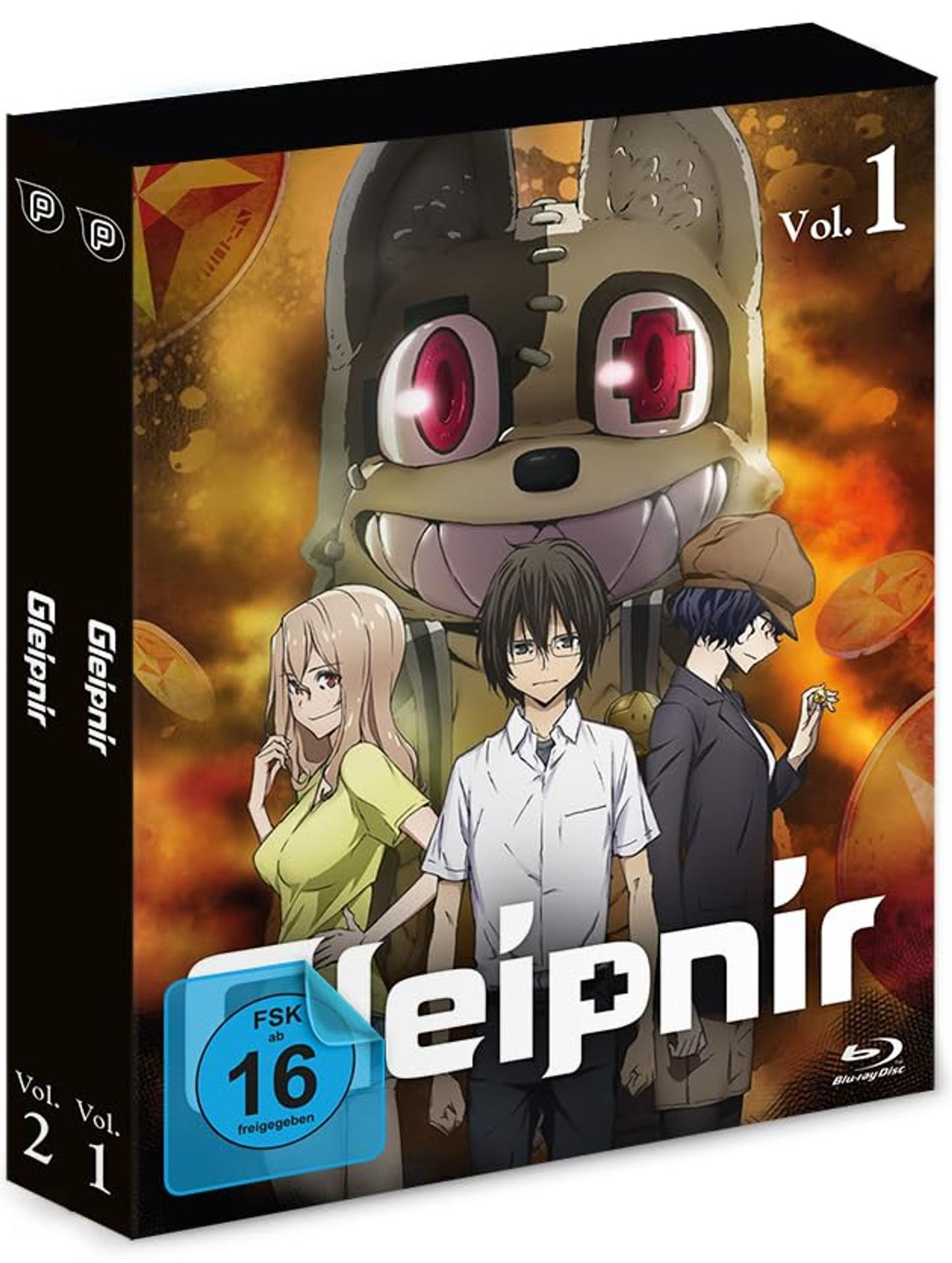 Anime-DVD-Cover für Gleipnir Bd. 1, mit einer großen Kreatur mit roten Augen und drei Charakteren, mit einer FSK 16 Bewertung.