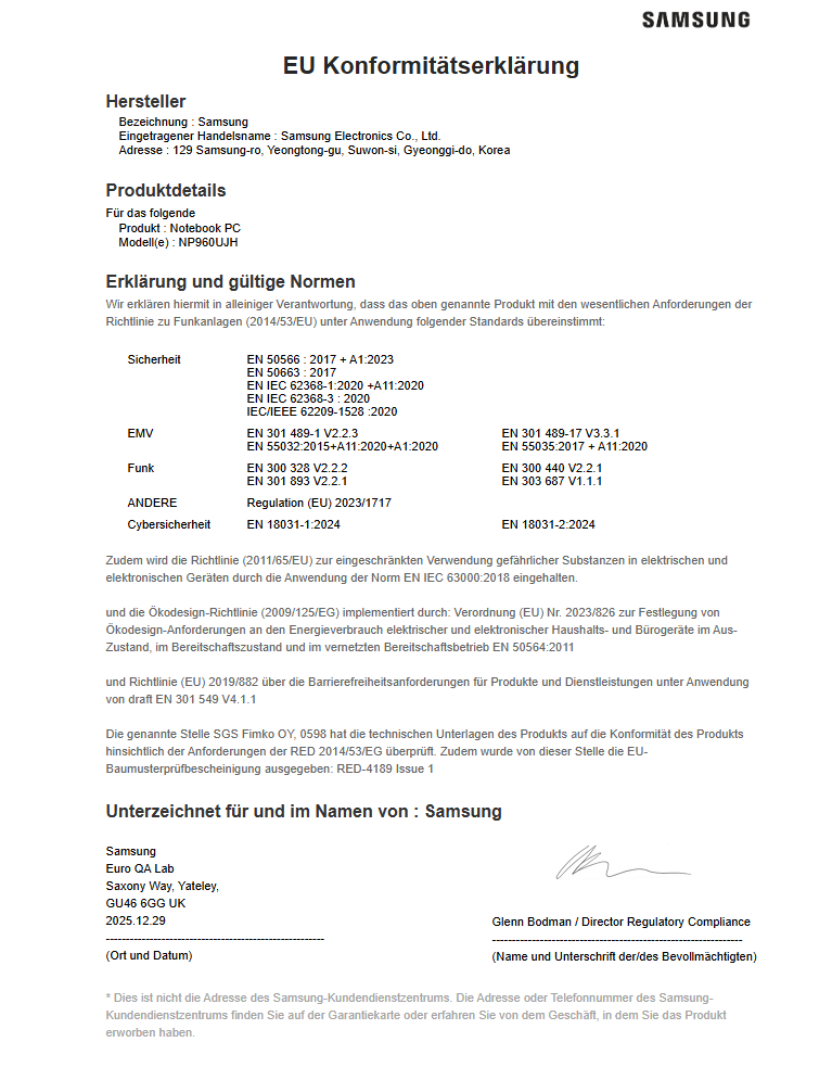 Ein weißes Dokument mit schwarzem Text, das die EU-Konformitätserklärung von Samsung für ein Notebook-PC-Modell NP960UJH zeigt.