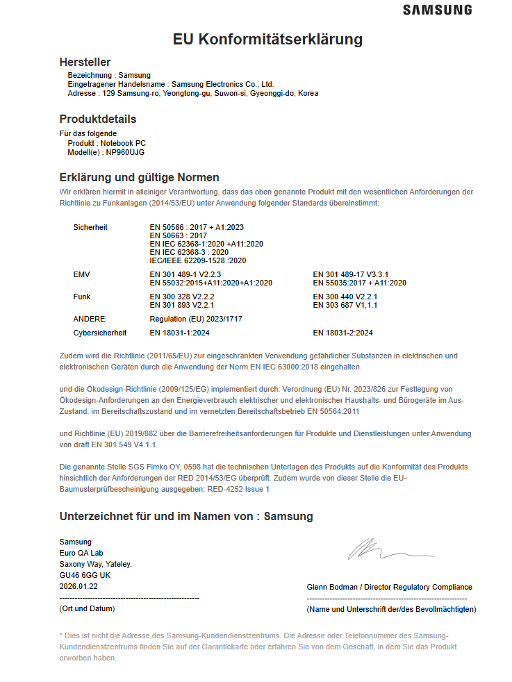 Ein weißes Dokument mit dem Titel „EU Konformitätserklärung“ von Samsung, das Produktspezifikationen und Konformitätsstandards detailliert.