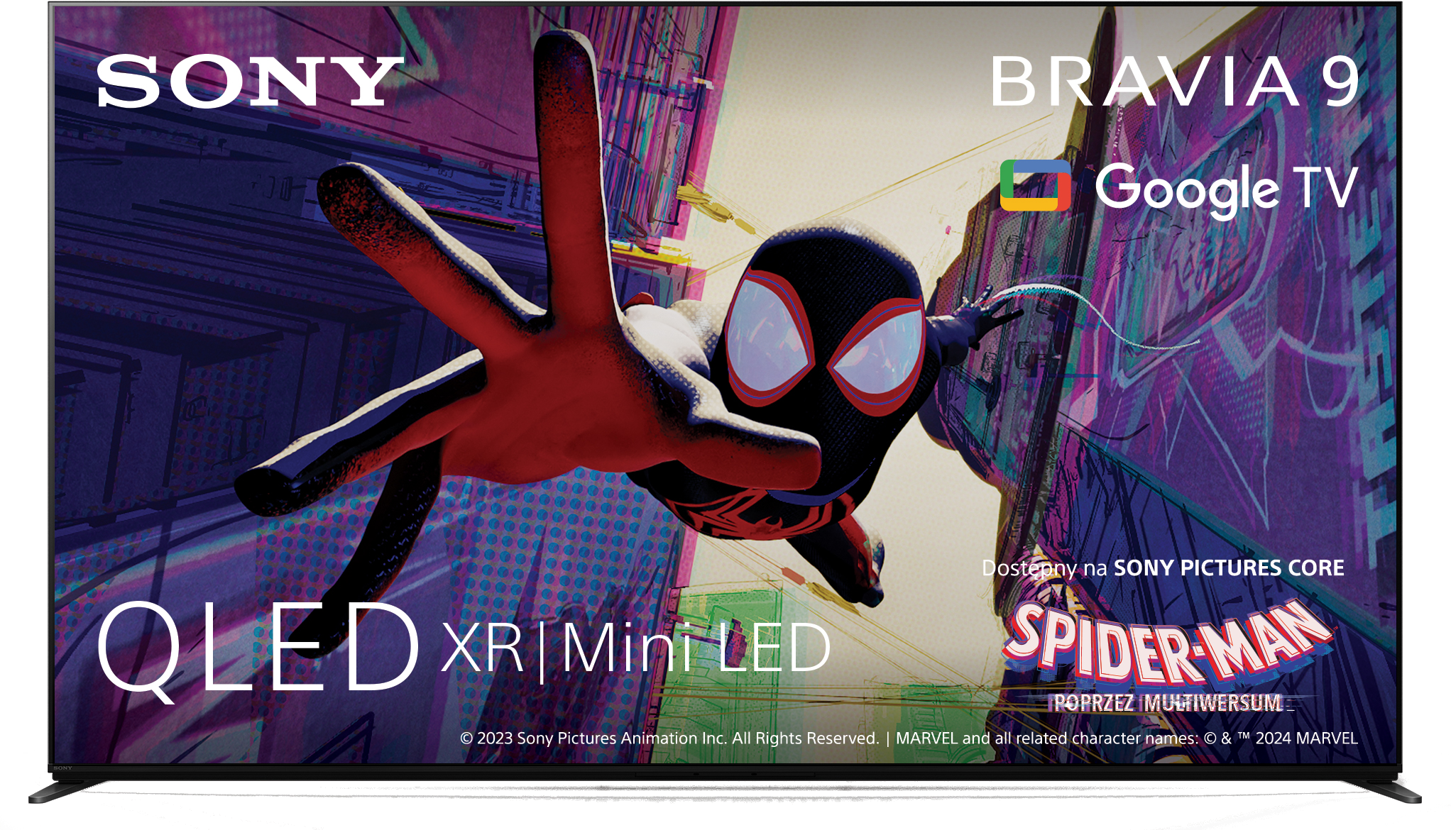 Telewizor Sony Bravia 9 wyświetla film Spider-Man: Poprzez multiwersum, z Milesem Moralesem kołyszącym się w stronę widza.