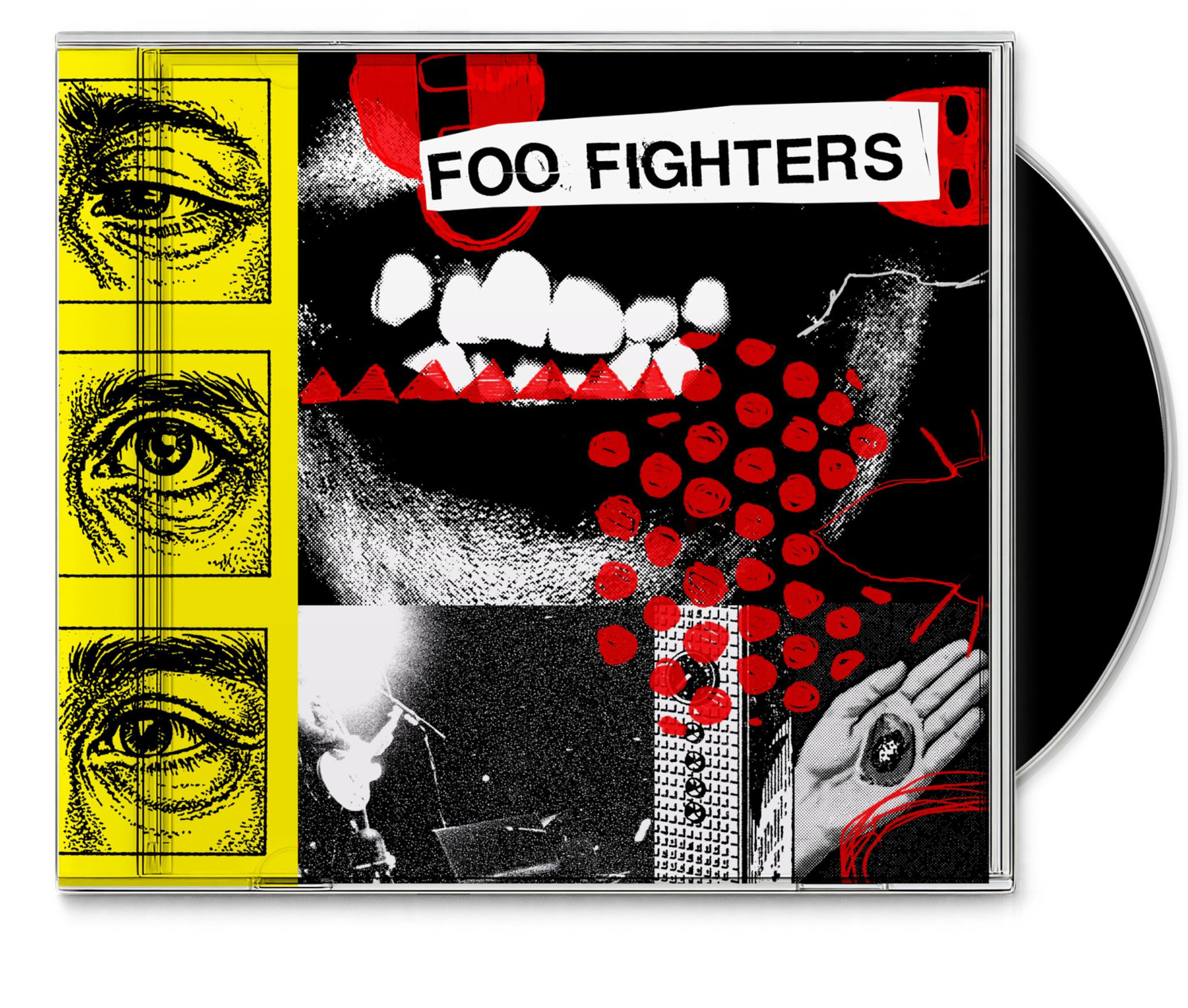 A Foo Fighters CD borítója sárga szemeket, piros pontokat, fehér fogakat és absztrakt fekete-fehér képeket ábrázol.