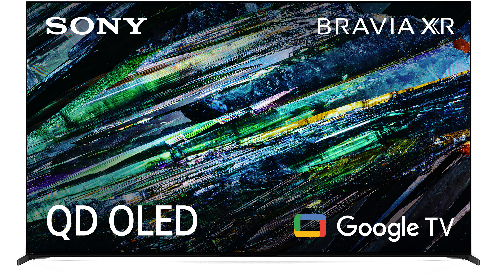 Telewizor Sony Bravia XR QD OLED Google TV z kolorowym abstrakcyjnym wzorem zielonych, niebieskich i żółtych smug.