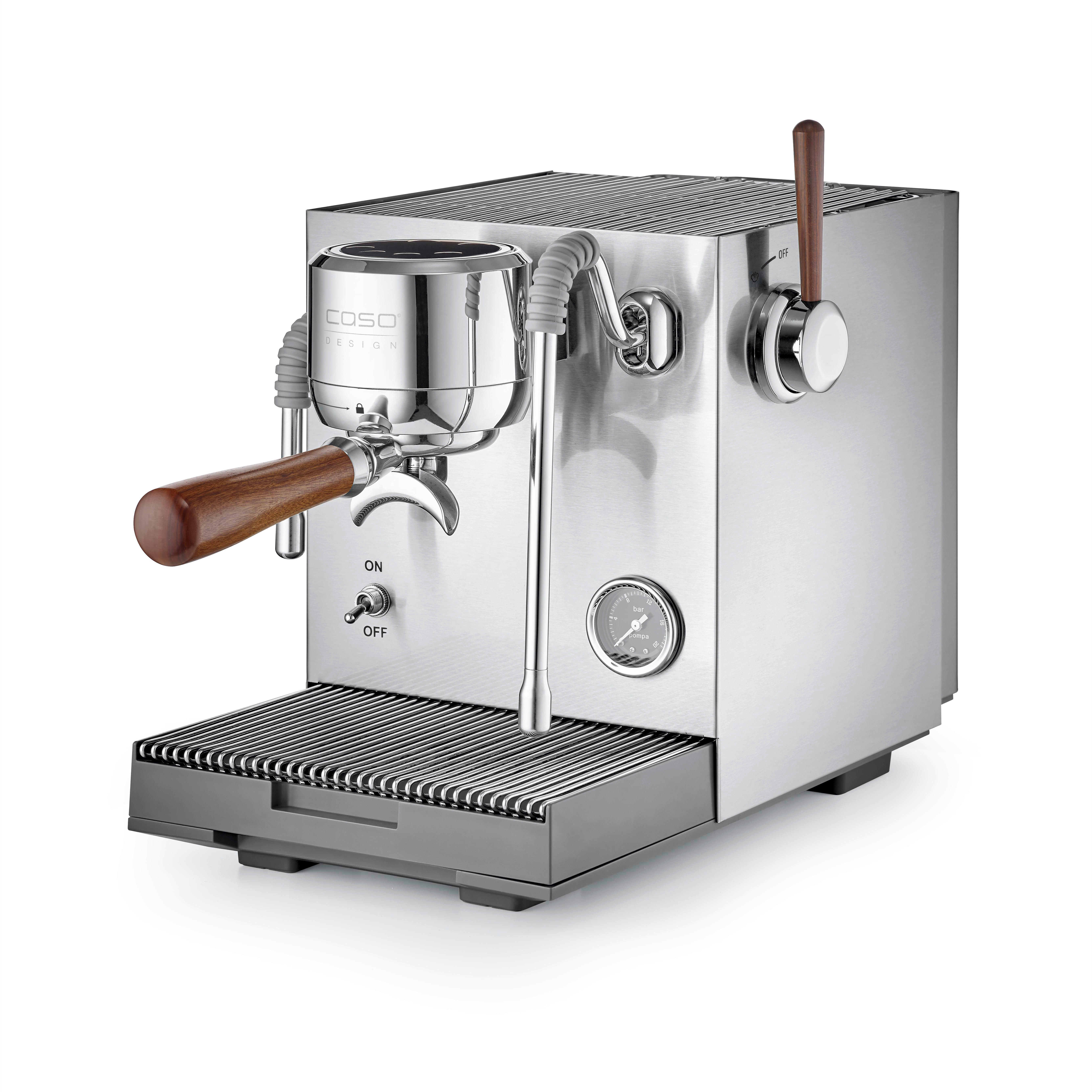Eine silberne Espressomaschine mit Holzgriffen und einem Manometer.