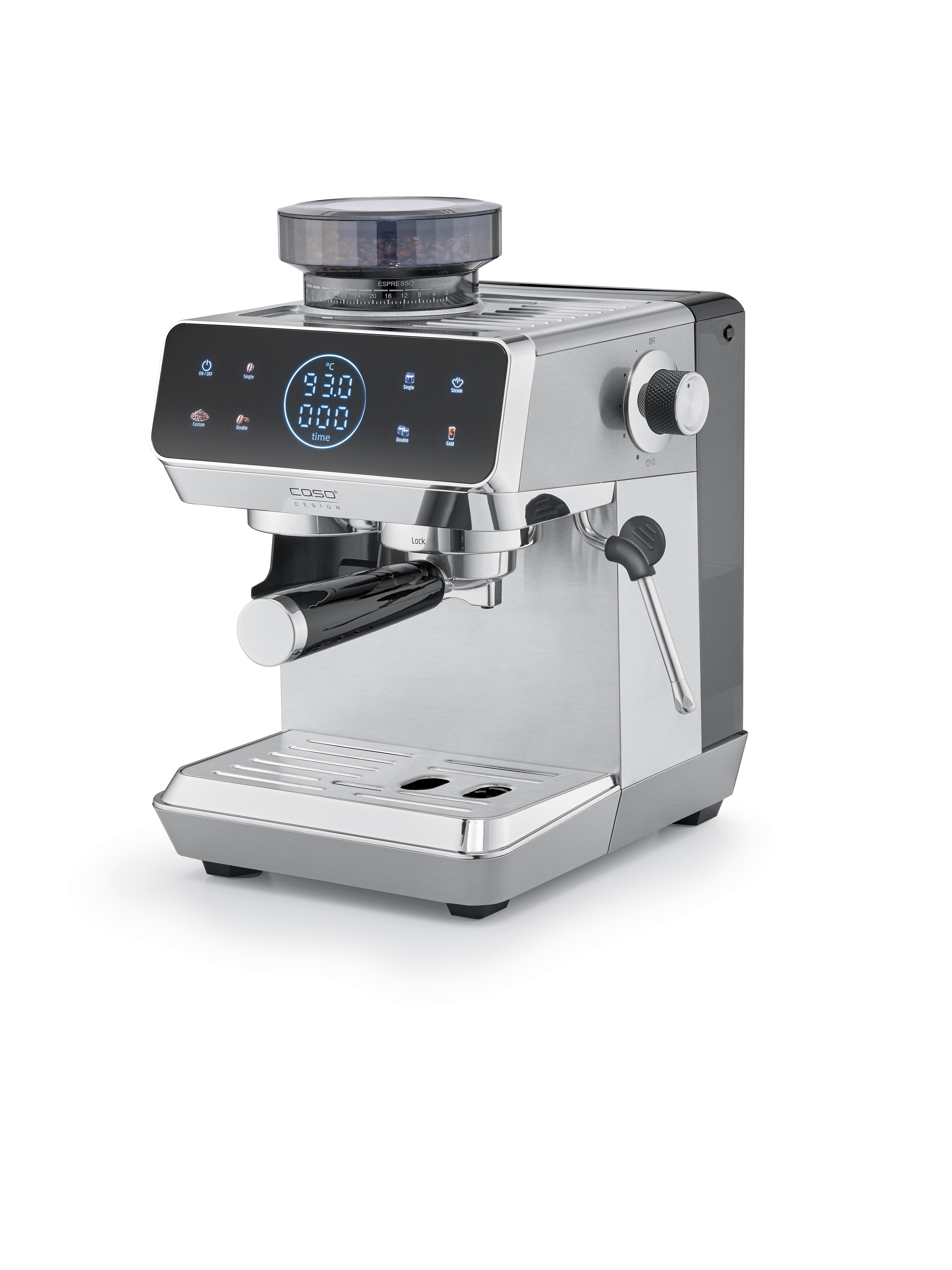 Silberne Espressomaschine mit integriertem Mahlwerk und digitalem Display.