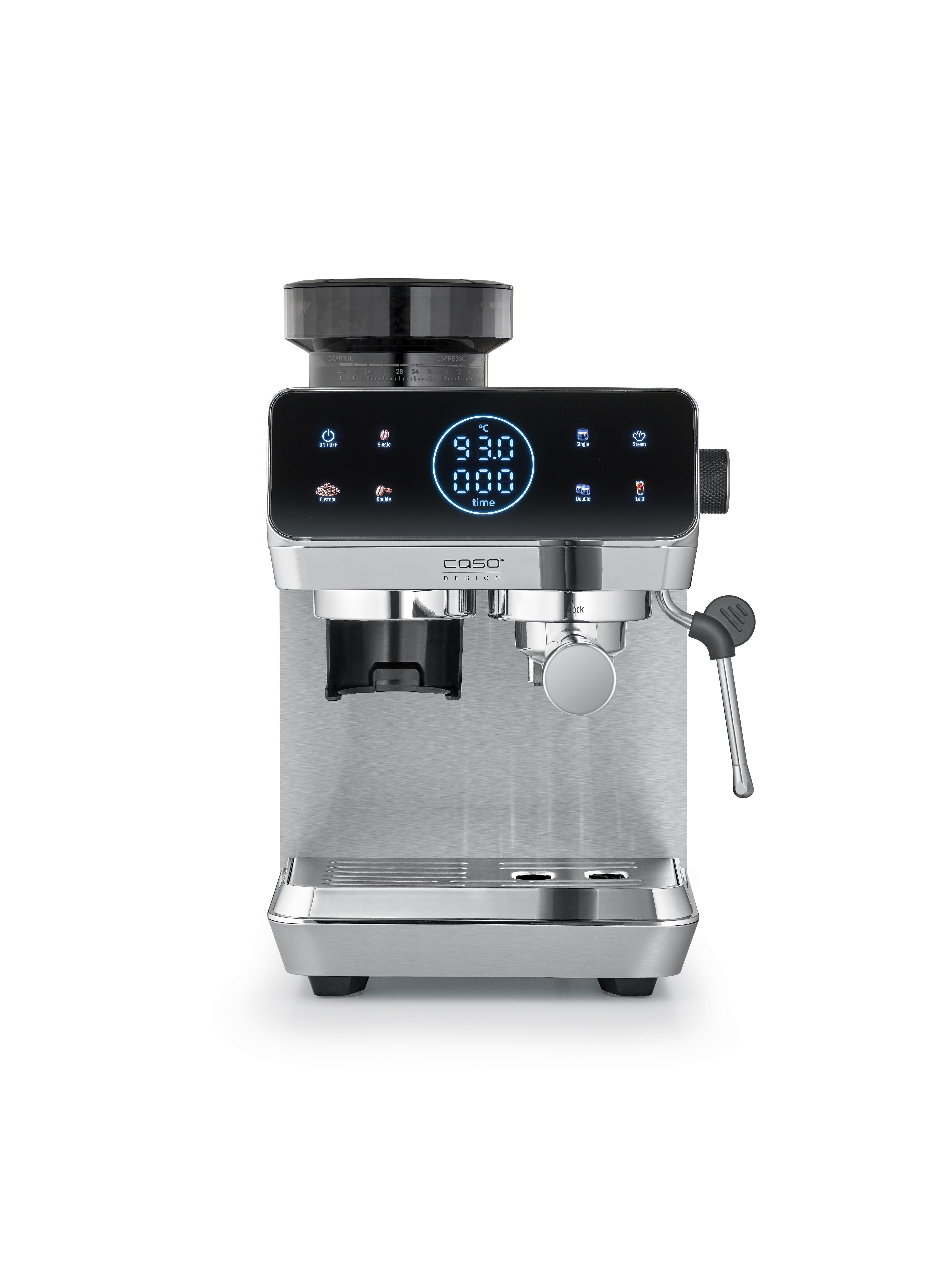 Eine silberne Kaffeemaschine mit digitalem Display und Kaffeebohnenbehälter.