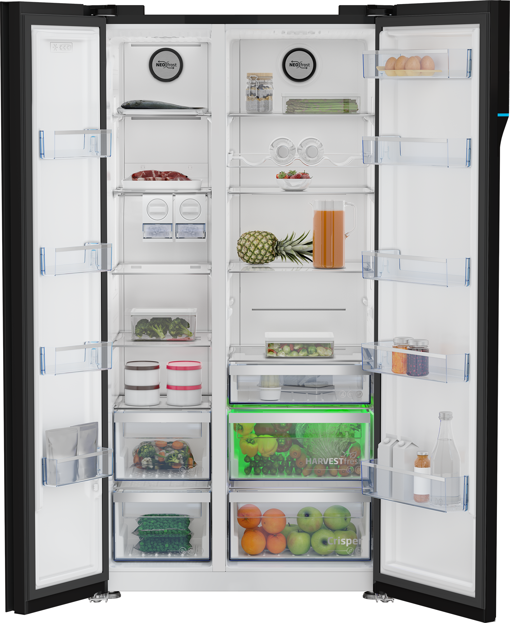 Otwarta lodówka pokazująca artykuły spożywcze, takie jak ryby, mięso, warzywa, owoce, jajka i napoje.